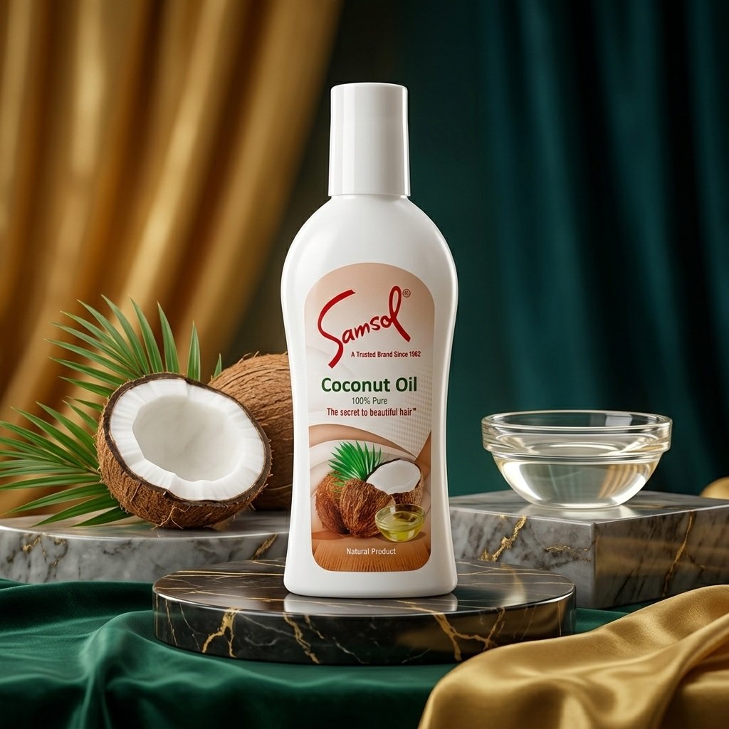 Samsol 100% Pure Coconut Oil 200ml white bottle with coconut graphics on a marble display — Chaudhary Superstore