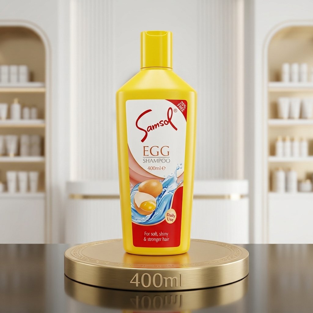 Samsol Egg Shampoo 400ml yellow bottle displayed on a luxury golden studio podium by Chaudhary Superstore