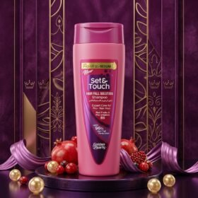 Set & Touch Hair Fall Solution Shampoo 180ml bottle on a luxury maroon studio podium from Chaudhary Superstore