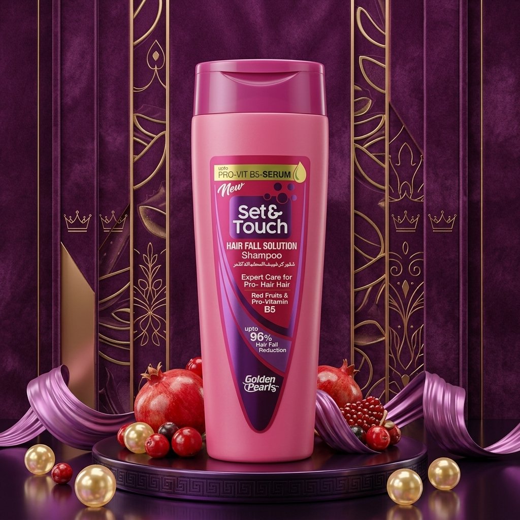 Set & Touch Hair Fall Solution Shampoo 180ml bottle on a luxury maroon studio podium from Chaudhary Superstore