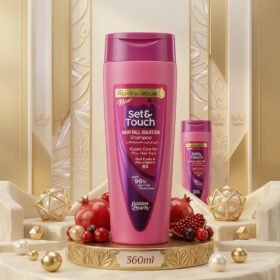 Set & Touch Hair Fall Solution Shampoo 360ml bottle displayed on a luxury golden and cream podium by Chaudhary Superstore