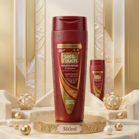 Set & Touch Keratin Repair Shampoo 360ml bottle displayed on a luxury golden and cream podium by Chaudhary Superstore