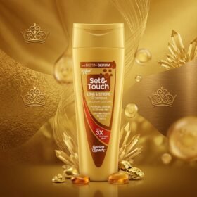 Set & Touch Long & Strong Shampoo 180ml bottle on a luxury gold studio podium from Chaudhary Superstore