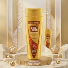 Set & Touch Long & Strong Shampoo 360ml bottle displayed on a luxury golden and cream podium by Chaudhary Superstore