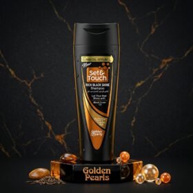 Set & Touch Rich Black Shine Shampoo 180ml bottle on a luxury black and golden marble studio podium from Chaudhary Superstore
