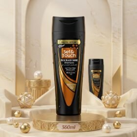 Set & Touch Rich Black Shine Shampoo 360ml bottle displayed on a luxury golden and cream podium by Chaudhary Superstore