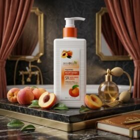 Skin Origins Foaming Body Wash 5X Gluta-Bright Essence Peach 300ml pump bottle on luxury dark marble podium from Chaudhary Superstore