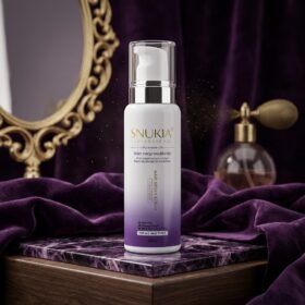 SNUKIA Professional Hair Argan Serum Italian Formula 100ml white pump bottle on purple marble podium from Chaudhary Superstore