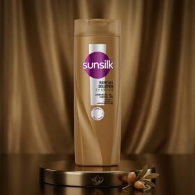 Sunsilk Hairfall Solution Shampoo 185ml golden-brown bottle displayed on a luxury dark marble surface with botanical props by Chaudhary Superstore