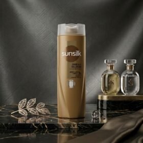 Sunsilk Hairfall Solution Shampoo 360ml golden-brown bottle on a luxury studio podium from Chaudhary Superstore