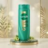 Sunsilk Long & Lustrous Shampoo 185ml green bottle on a luxury marble and golden studio podium from Chaudhary Superstore