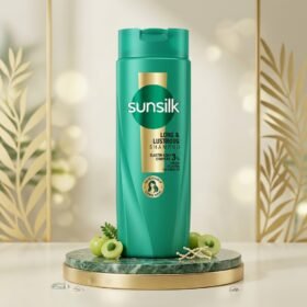 Sunsilk Long & Lustrous Shampoo 185ml green bottle on a luxury marble and golden studio podium from Chaudhary Superstore