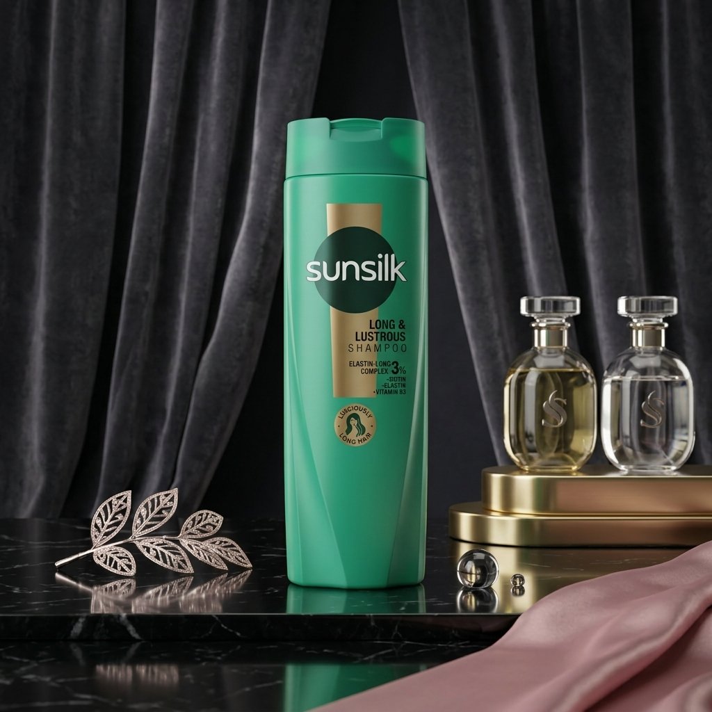 Sunsilk Long & Lustrous Shampoo 360ml green bottle displayed on a luxury dark marble surface with botanical props by Chaudhary Superstore