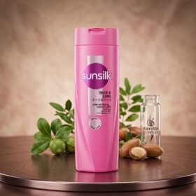 Sunsilk Thick and Long Shampoo 180ml pink bottle with Kera-Protein complex on luxury podium by Chaudhary Superstore