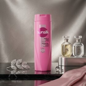 Sunsilk Thick and Long Shampoo 360ml pink bottle with Keratin Complex on luxury metallic display by Chaudhary Superstore