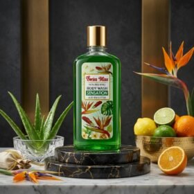 Swiss Miss Nourishing Body Wash Sensation Aloe Vera & Citrus 440ml bottle on luxury studio podium from Chaudhary Superstore