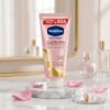 Vaseline Healthy Bright Gluta-Hya Serum Burst UV Lotion Dewy Radiance 70ml pink tube on a marble podium — Chaudhary Superstore