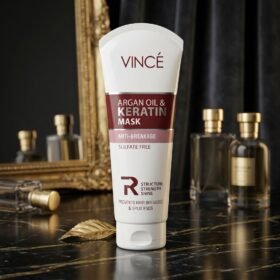 Vincé Argan Oil & Keratin Mask Anti-Breakage Sulfate Free 200ml white tube on luxury dark marble podium from Chaudhary Superstore