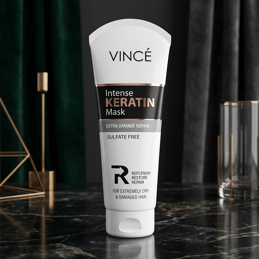 Vincé Intense Keratin Mask Extra Damage Repair Sulfate Free 200ml white tube on luxury dark marble table from Chaudhary Superstore