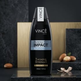 Vincé Men Perfect Impact 2 in 1 Shampoo + Conditioner 230ml black bottle on luxury studio podium from Chaudhary Superstore