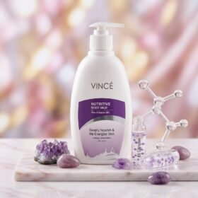 Vincé Nutritive Body Milk Pro-Vitamin B5 330ml pump bottle on a marble podium — Chaudhary Superstore