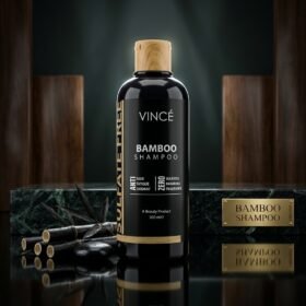 Vincé Sulfate Free Bamboo Shampoo Anti Fade 300ml black bottle displayed on a luxury studio marble block from Chaudhary Superstore