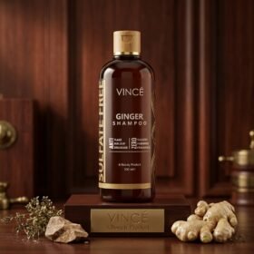 Vincé Sulfate Free Ginger Shampoo Anti Flake 300ml bottle displayed on a luxury wooden studio block from Chaudhary Superstore