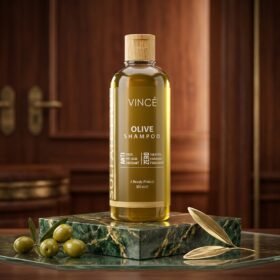 Vincé Sulfate Free Olive Shampoo Anti Fade 300ml bottle displayed on a luxury green marble studio block from Chaudhary Superstore