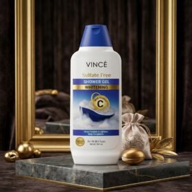 Vincé Sulfate Free Whitening Shower Gel With Vitamin C 300ml bottle on green marble studio podium from Chaudhary Superstore