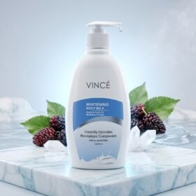 Vincé Whitening Body Milk Alpha Arbutin & Mulberry Extract 330ml pump bottle on a marble podium — Chaudhary Superstore