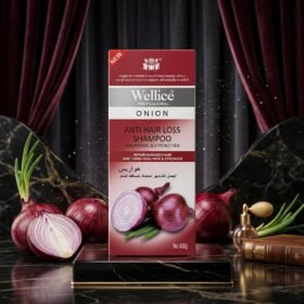 Wellice Professional Onion Anti Hair Loss Shampoo 500ml box packaging on luxury dark marble podium from Chaudhary Superstore