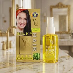 YC Silky Hair Coat Extra Anti-Pollution With Aloe Vera Extract 45ml golden bottle and box on marble counter from Chaudhary Superstore