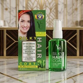 YC Silky Hair Coat Re-Moisturizing With Aloe Vera Extract 45ml spray bottle and box on marble surface from Chaudhary Superstore